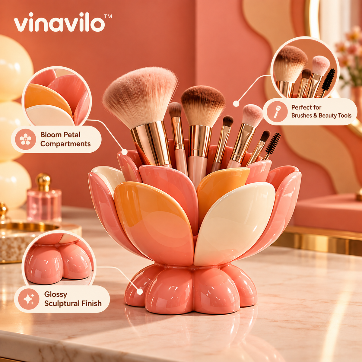 vinavilo™ Bloom Sculptural Makeup Brush Holder | Makeup Brush Cup, Beauty Tool Storage, Vanity Decor