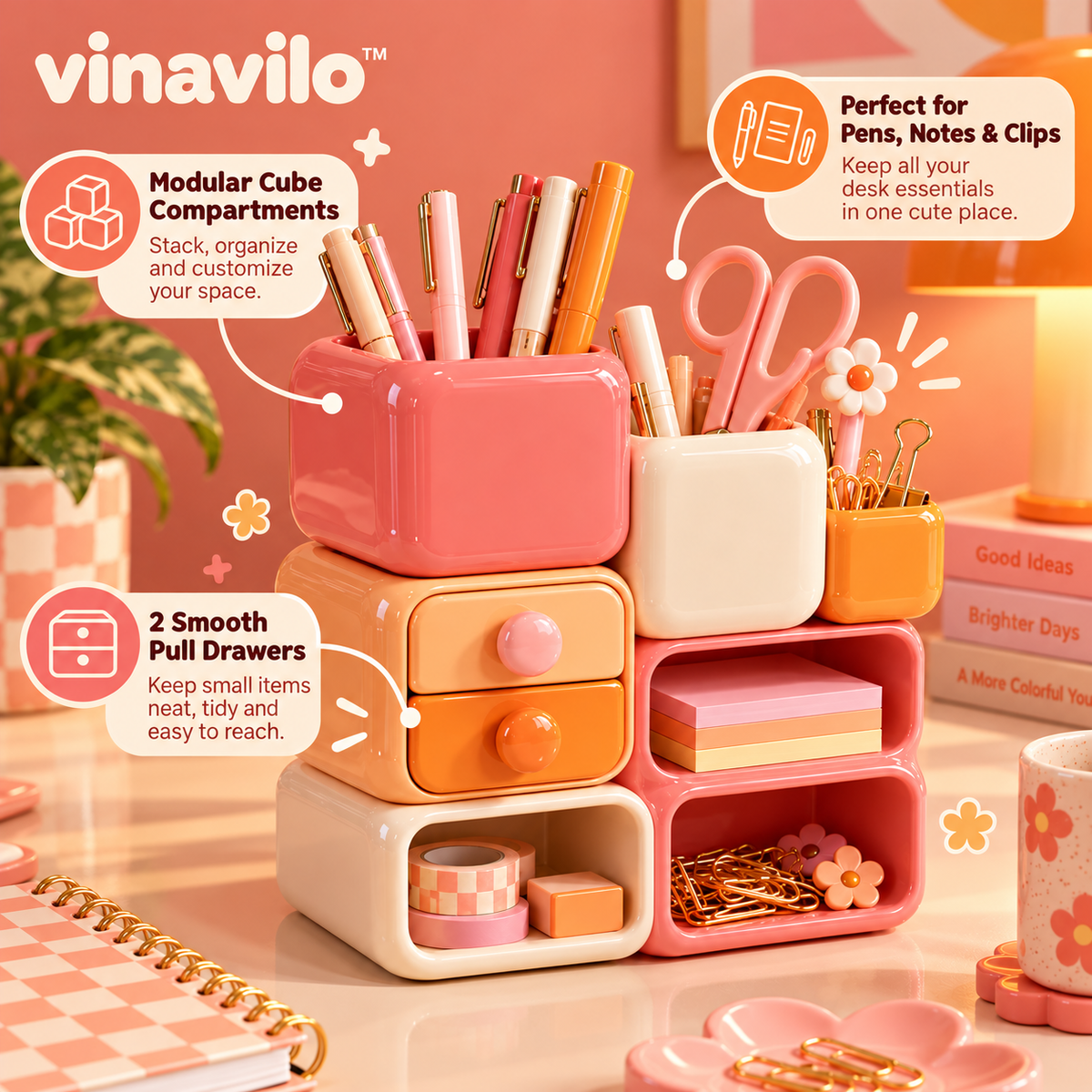 vinavilo™ Candy Cube Desktop Organizer | Cute Office Supplies, Desk Storage, Stationery Organizer