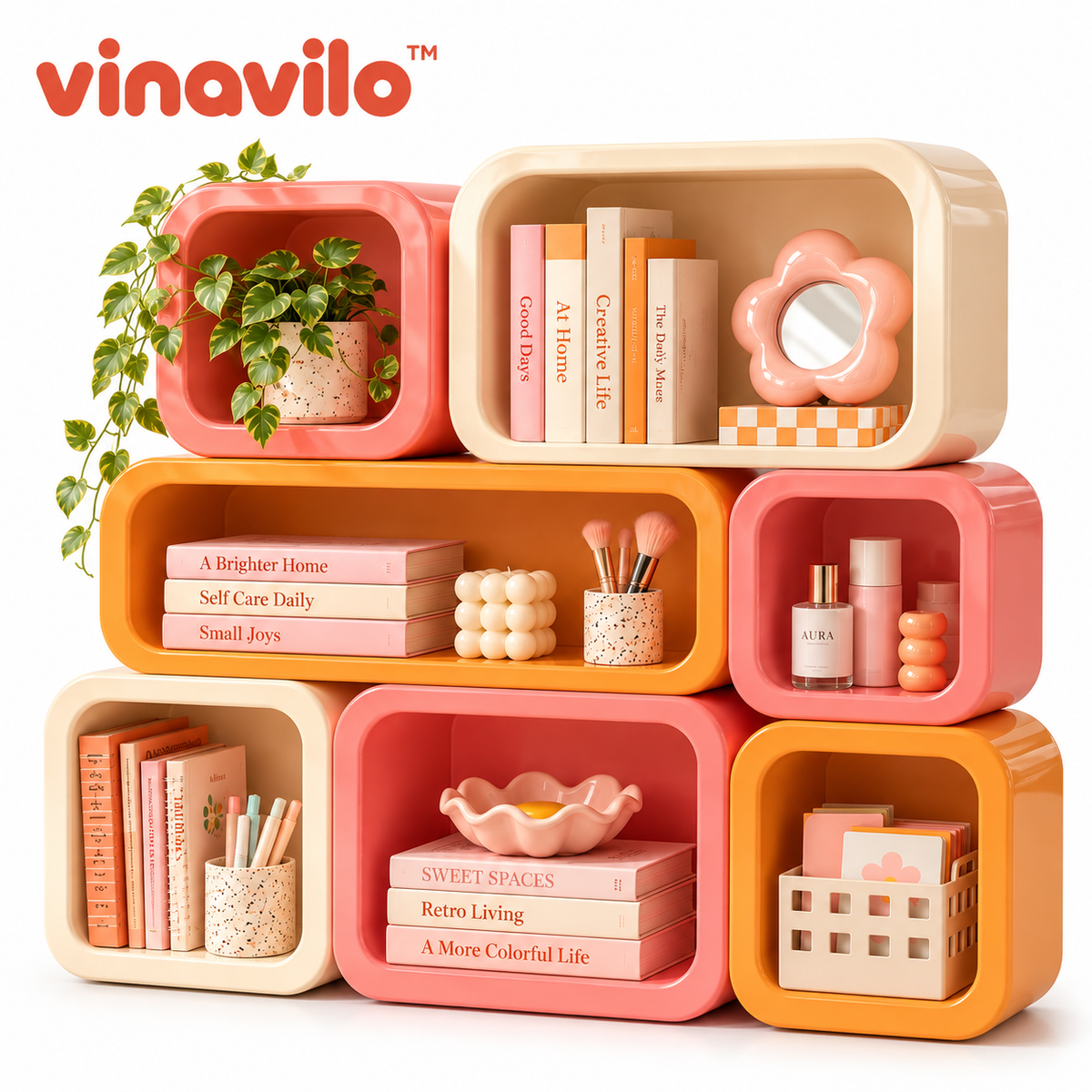 vinavilo™ Modular Colorblock Storage Rack | Tiered Desktop Shelves, Colorful Vanity Storage