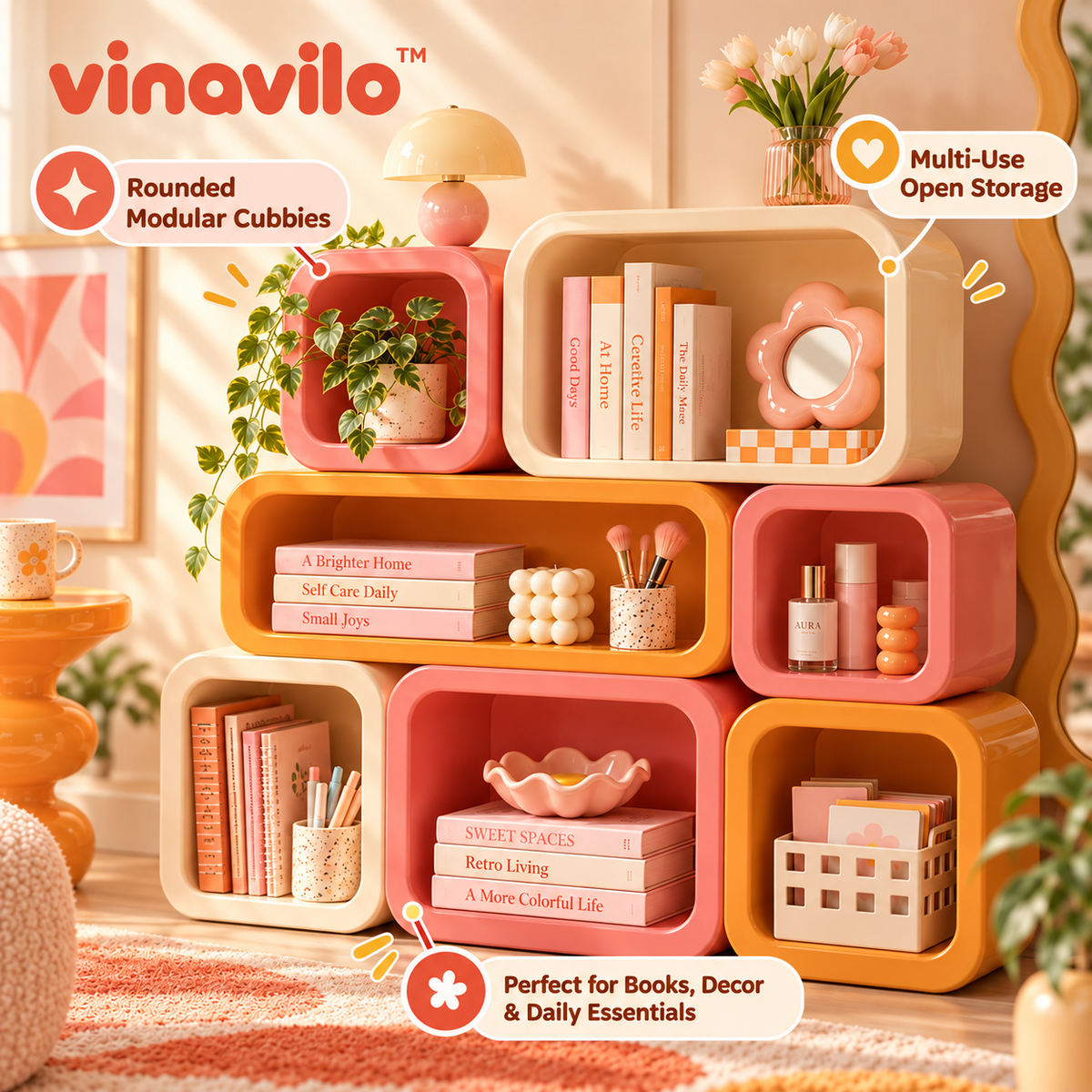 vinavilo™ Modular Colorblock Storage Rack | Tiered Desktop Shelves, Colorful Vanity Storage