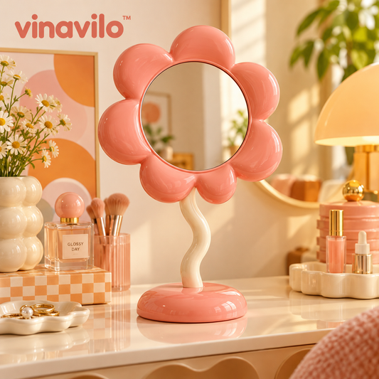 vinavilo™ Daisy Petal Vanity Mirror | Flower Table Mirror, Pink Beauty Mirror, Dresser Decor