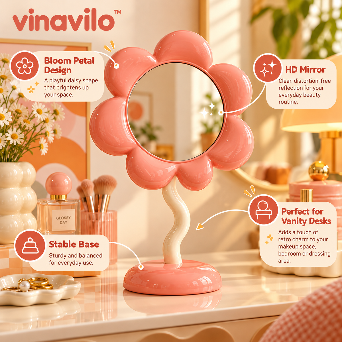 vinavilo™ Daisy Petal Vanity Mirror | Flower Table Mirror, Pink Beauty Mirror, Dresser Decor
