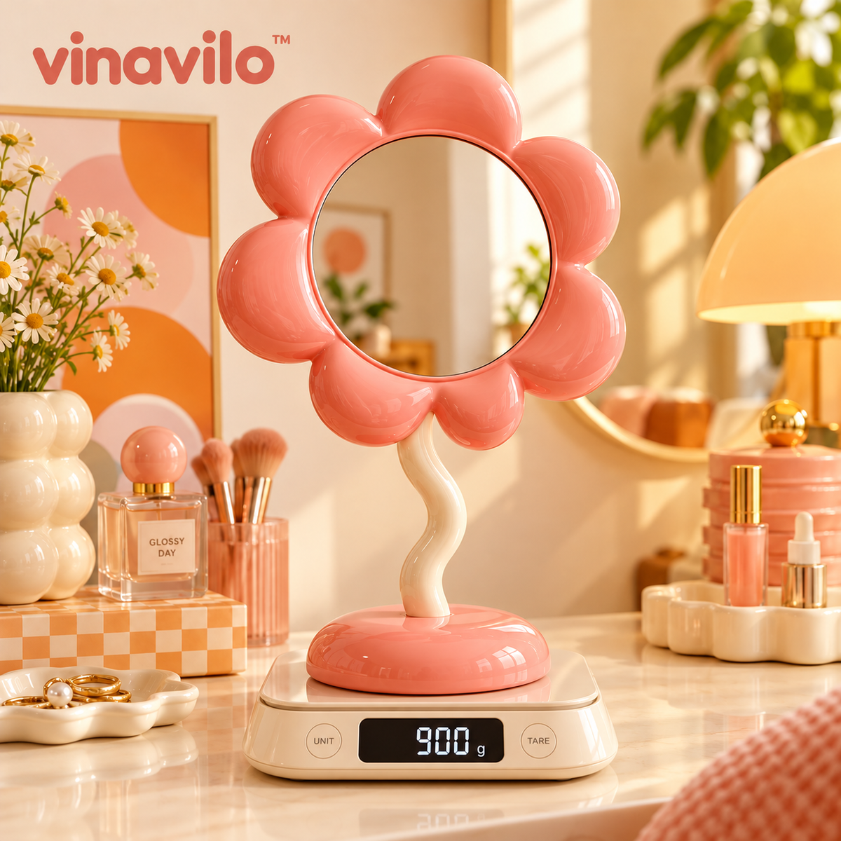 vinavilo™ Daisy Petal Vanity Mirror | Flower Table Mirror, Pink Beauty Mirror, Dresser Decor
