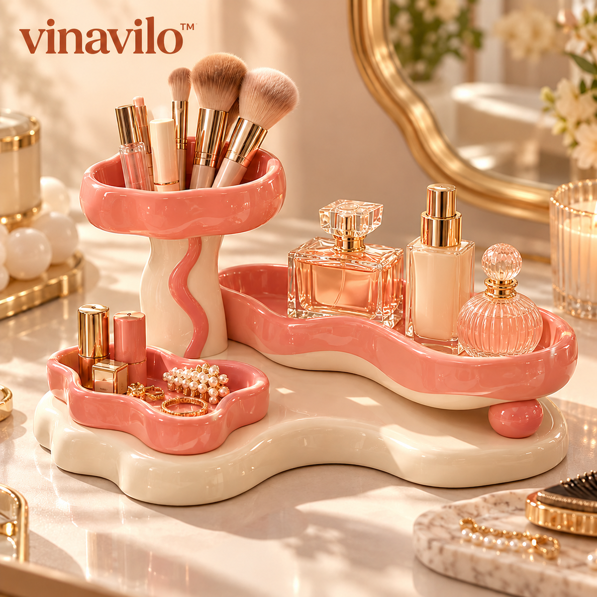 vinavilo™ Retro Swirl Vanity Organizer Tray | Makeup Storage, Tiered Cosmetic Tray, Beauty Organizer