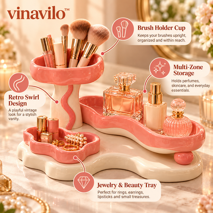 vinavilo™ Retro Swirl Vanity Organizer Tray | Makeup Storage, Tiered Cosmetic Tray, Beauty Organizer
