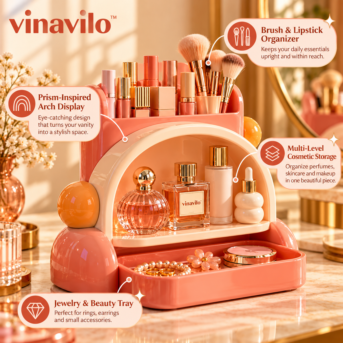 vinavilo™ Prism Pop Cosmetic Display Stand | Perfume Rack, Makeup Display Shelf, Vanity Storage