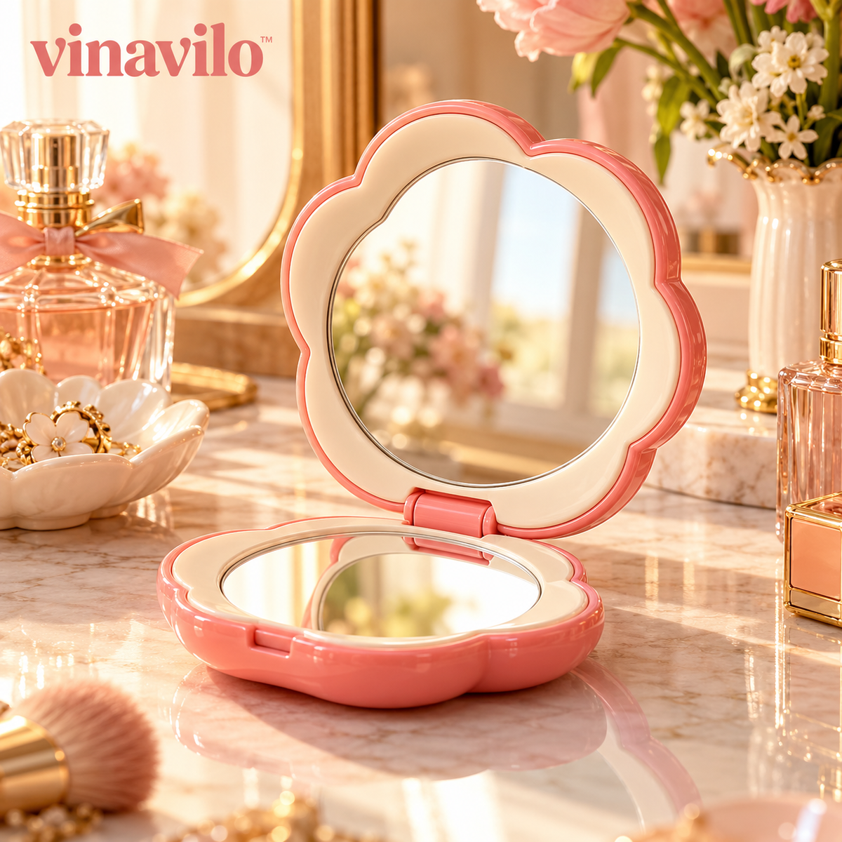 vinavilo™ Pocket Bloom Folding Mirror | Portable Travel Mirror, Flower Compact, Purse Mirror