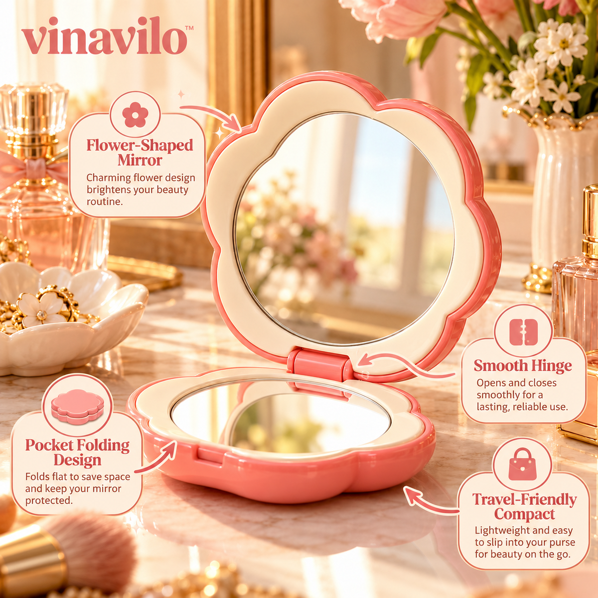 vinavilo™ Pocket Bloom Folding Mirror | Portable Travel Mirror, Flower Compact, Purse Mirror