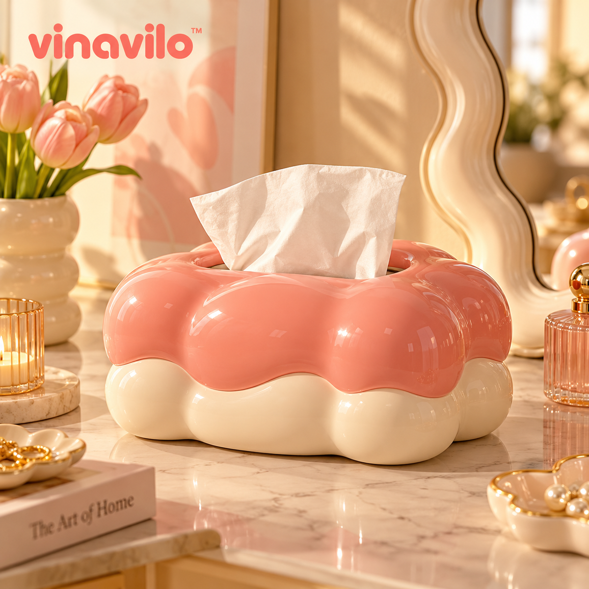vinavilo™ Cloud Puff Tissue Box Cover | Cute Facial Tissue Holder, Cloud Bathroom Decor