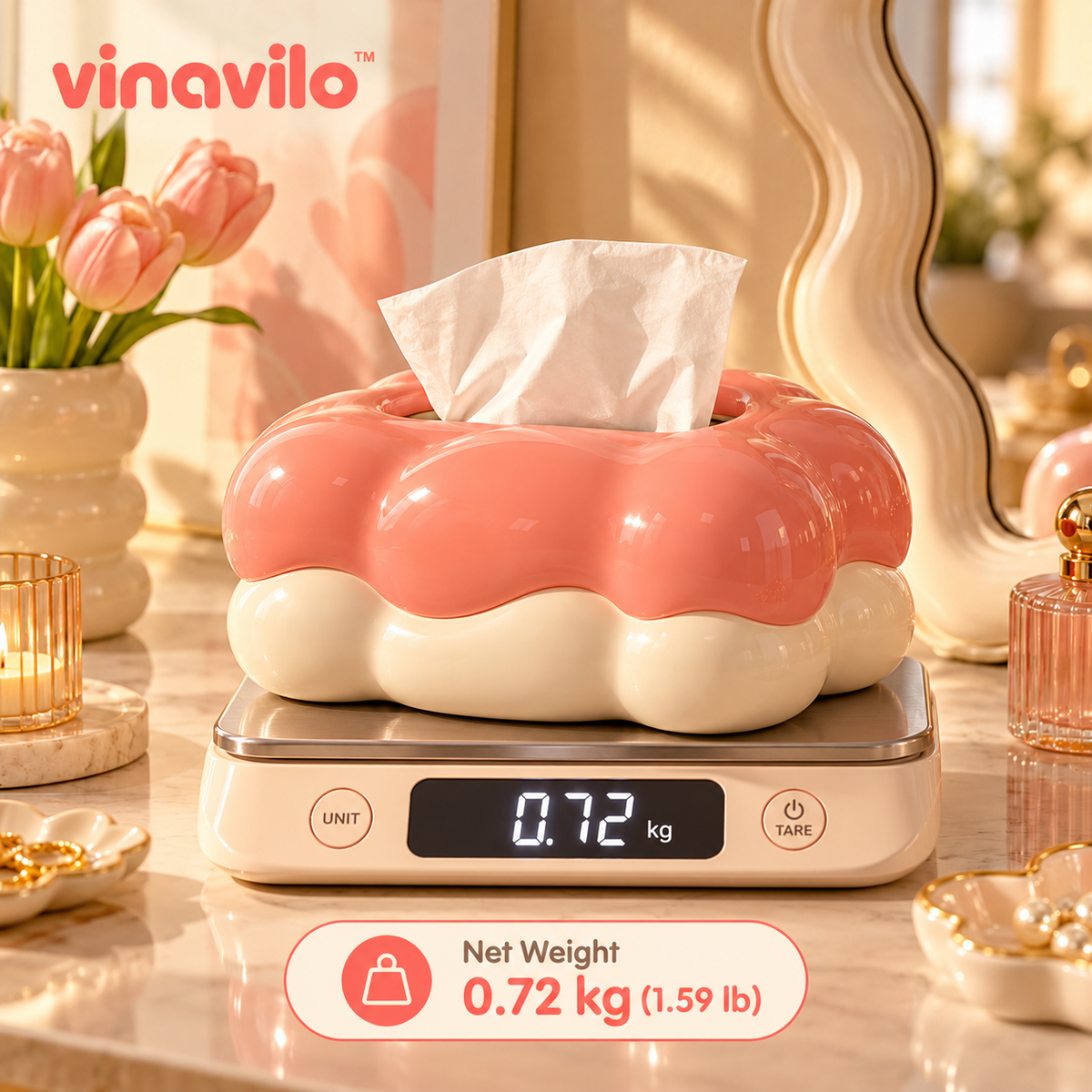 vinavilo™ Cloud Puff Tissue Box Cover | Cute Facial Tissue Holder, Cloud Bathroom Decor