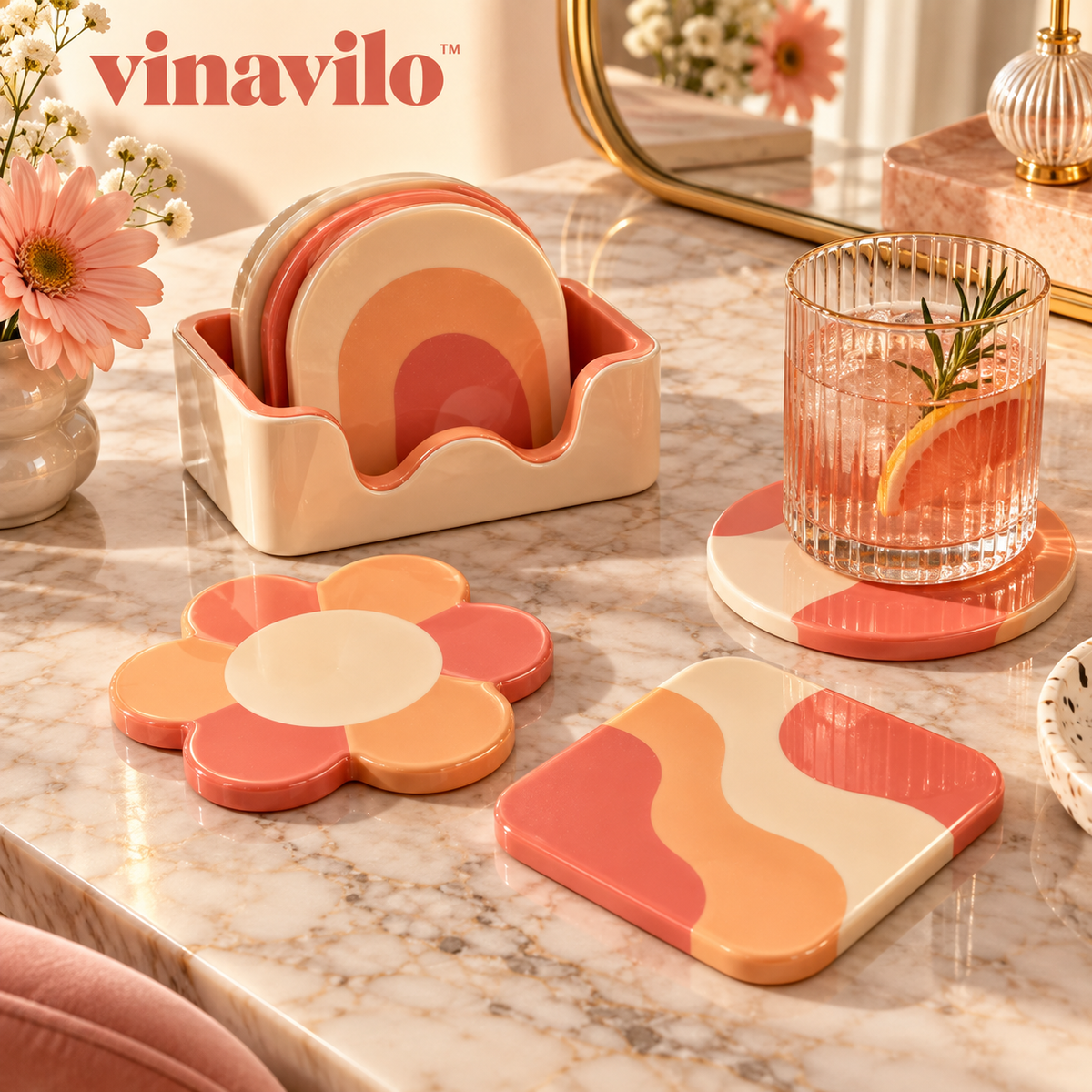 vinavilo™ Geo Pop Coaster Set | Colorful Drink Coasters, Geometric Table Decor