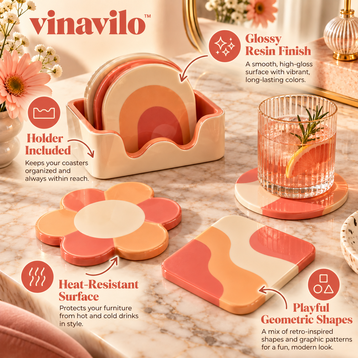 vinavilo™ Geo Pop Coaster Set | Colorful Drink Coasters, Geometric Table Decor